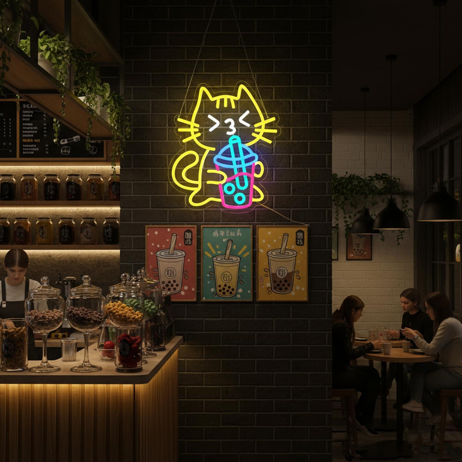 Cat Boba Tea Neon Sign Cute An - Coffee Tea Boba บทวิจารณ์และราคา